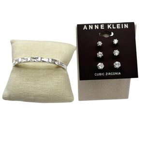 Anne Klein Silver Tone CZ Stud Earrings & CZ Baguette Hinged Bangle Bracelet